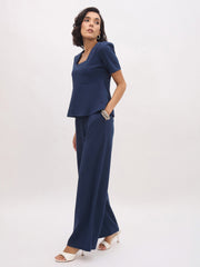 Women Blue Front Slit Top With Straight Pants-SFSETS96490