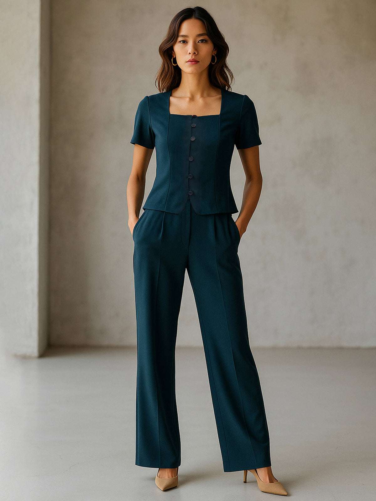 Women Emerald Green Button Top With Cross Pocket Pants-SFSETS96491