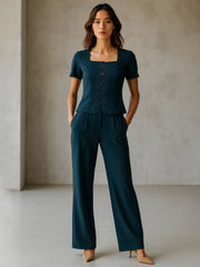 Women Emerald Green Button Top With Cross Pocket Pants-SFSETS96491
