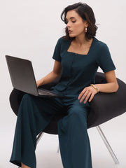 Women Emerald Green Button Top With Cross Pocket Pants-SFSETS96491