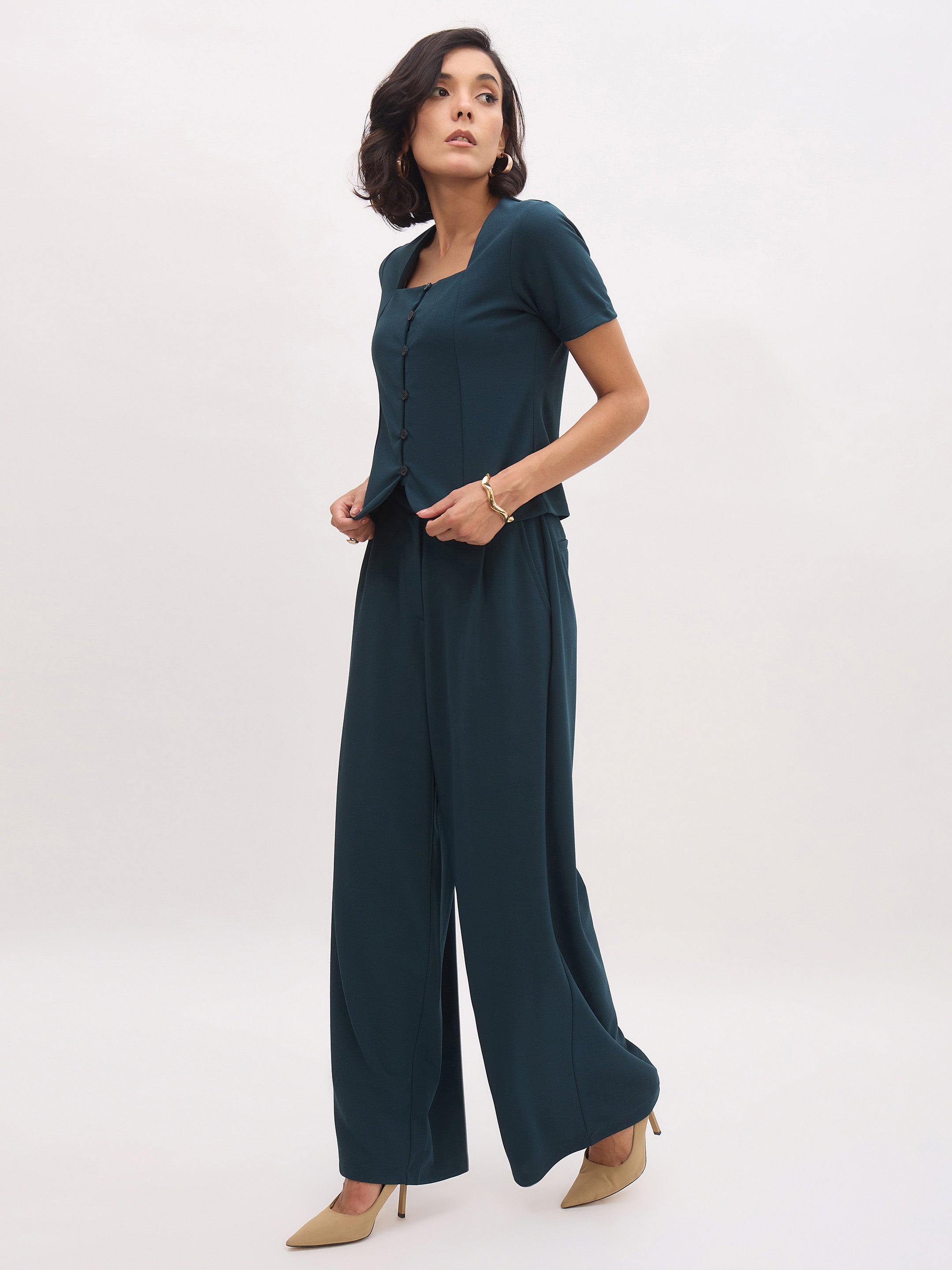 Women Emerald Green Button Top With Cross Pocket Pants-SFSETS96491