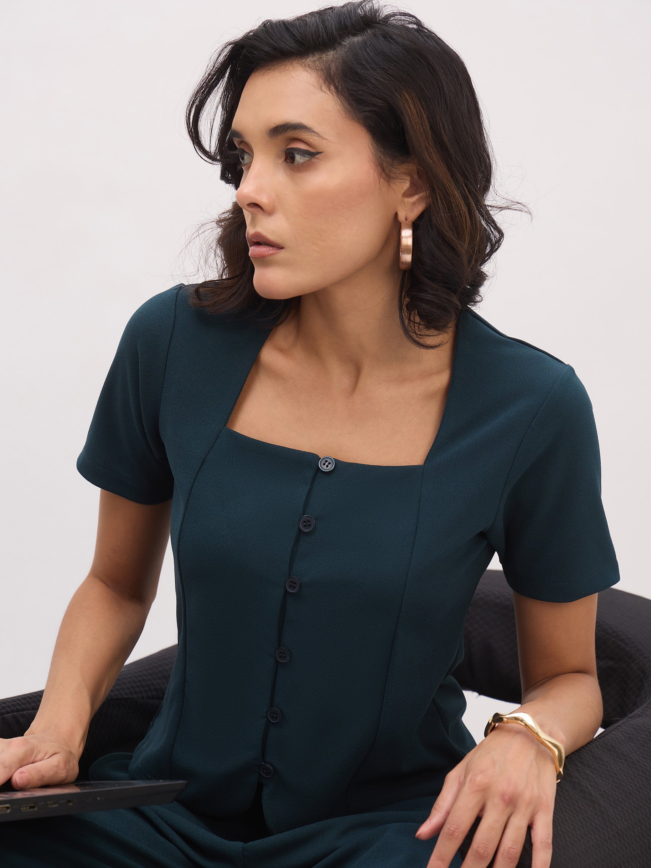 Women Emerald Green Button Top With Cross Pocket Pants-SFSETS96491