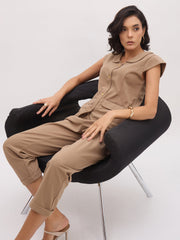 Women Beige PeterPan Cap Sleeve Button Top With Trousers-SFSETS96495