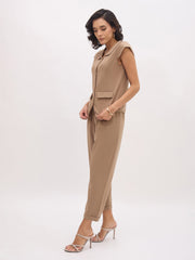 Women Beige PeterPan Cap Sleeve Button Top With Trousers-SFSETS96495