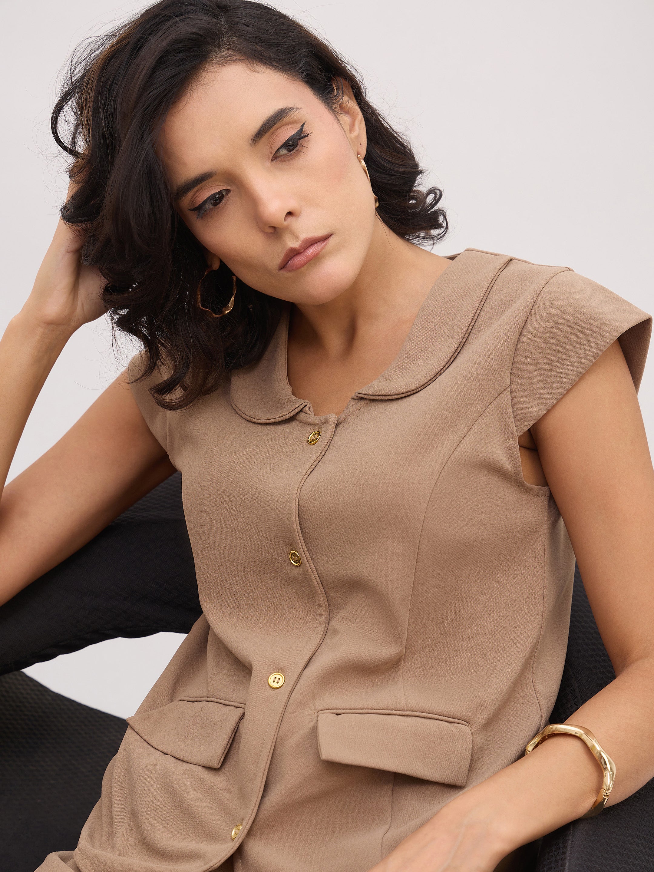 Women Beige PeterPan Cap Sleeve Button Top With Trousers-SFSETS96495