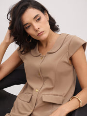 Women Beige PeterPan Cap Sleeve Button Top With Trousers-SFSETS96495