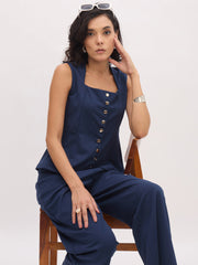 Women Blue Rhombus Neck Top With Cross Pocket Pants-SFSETS96496