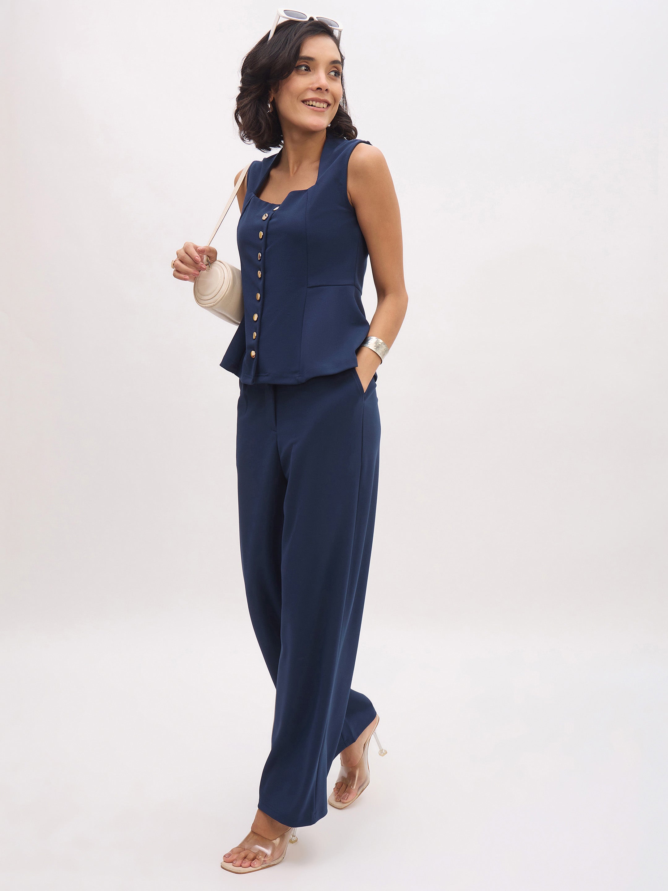 Women Blue Rhombus Neck Top With Cross Pocket Pants-SFSETS96496