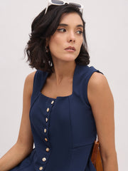 Women Blue Rhombus Neck Top With Cross Pocket Pants-SFSETS96496