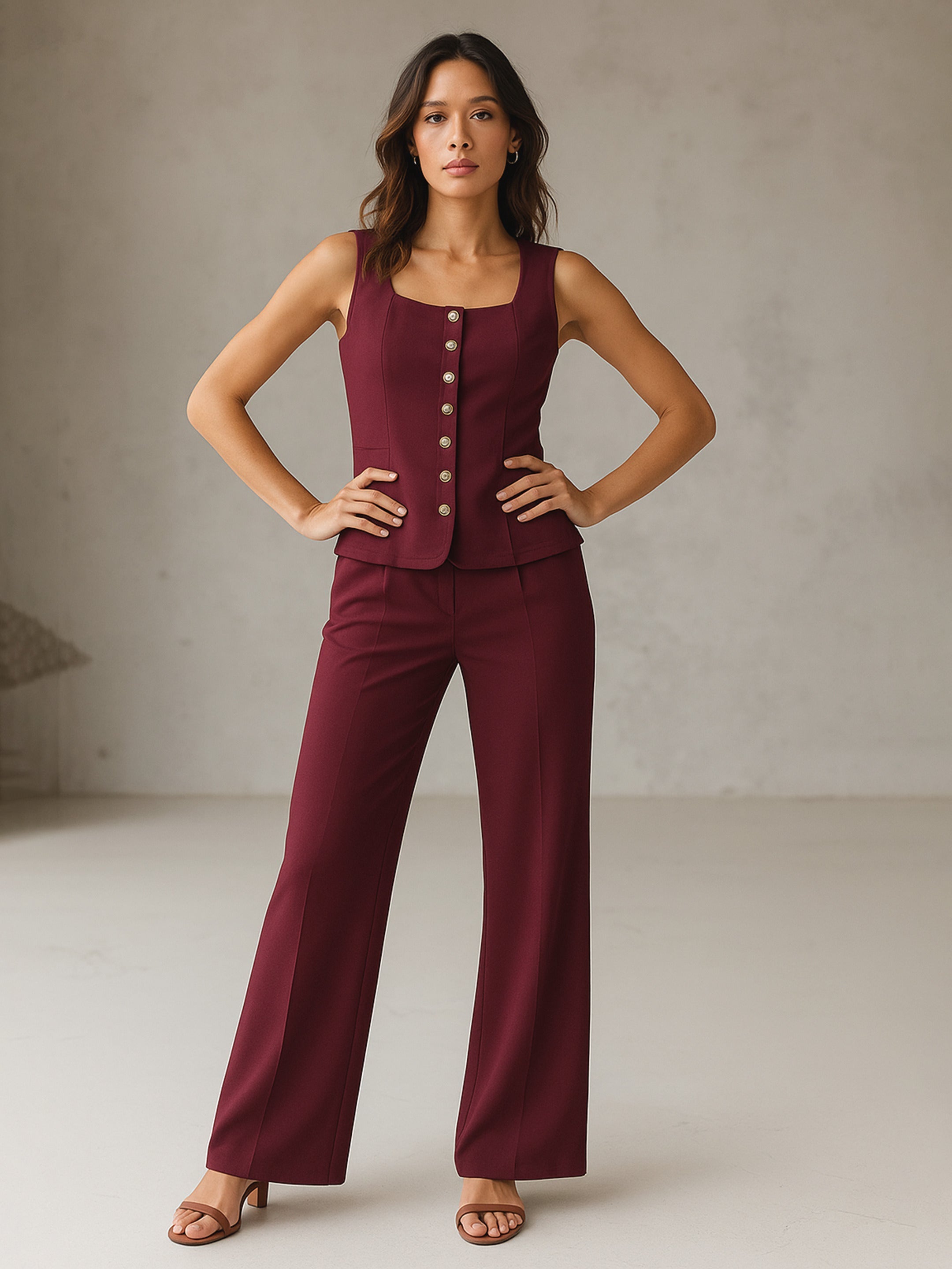 Women Burgundy Rhombus Neck Top With Cross Pocket Pants-SFSETS96497