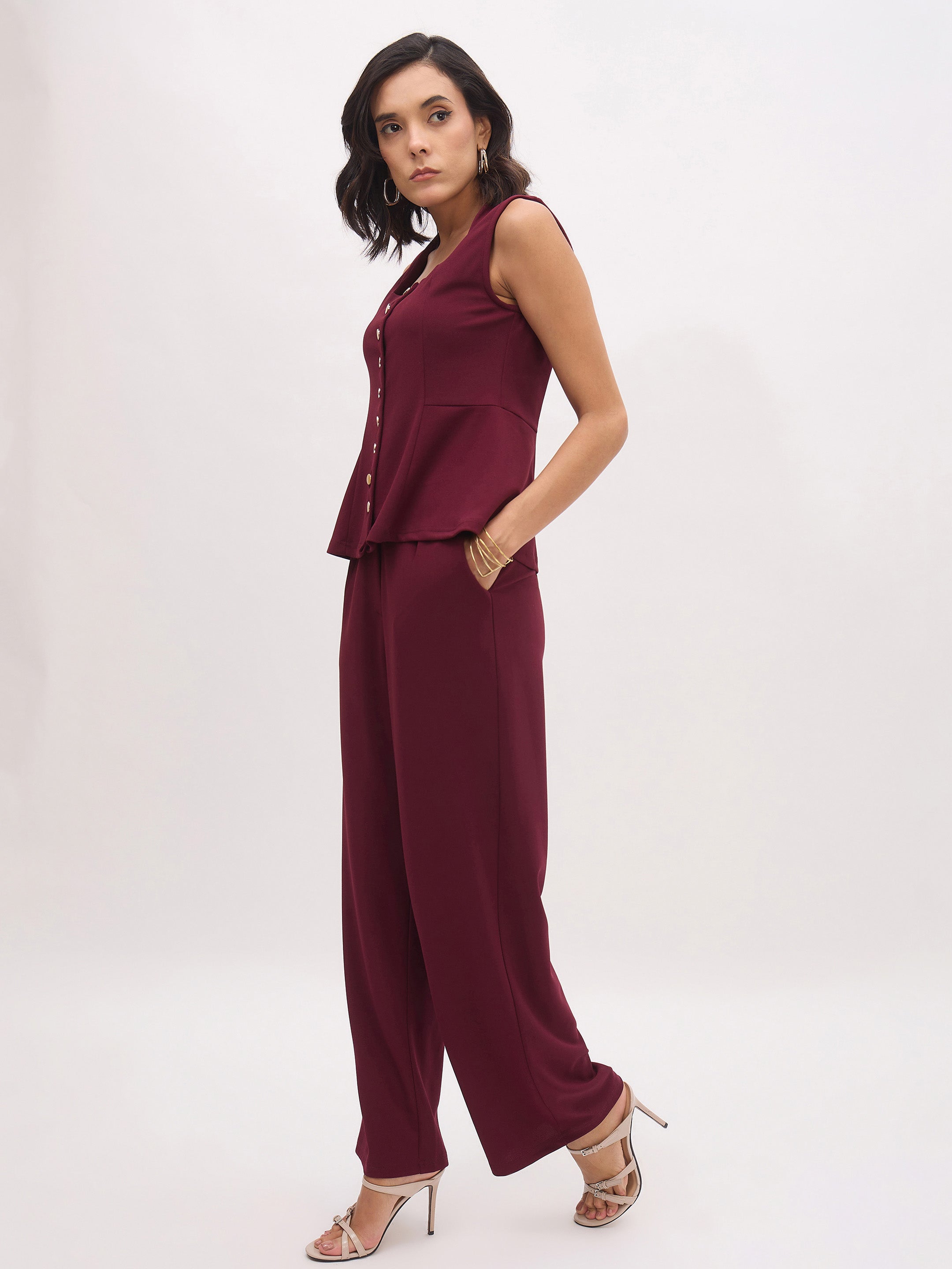 Women Burgundy Rhombus Neck Top With Cross Pocket Pants-SFSETS96497