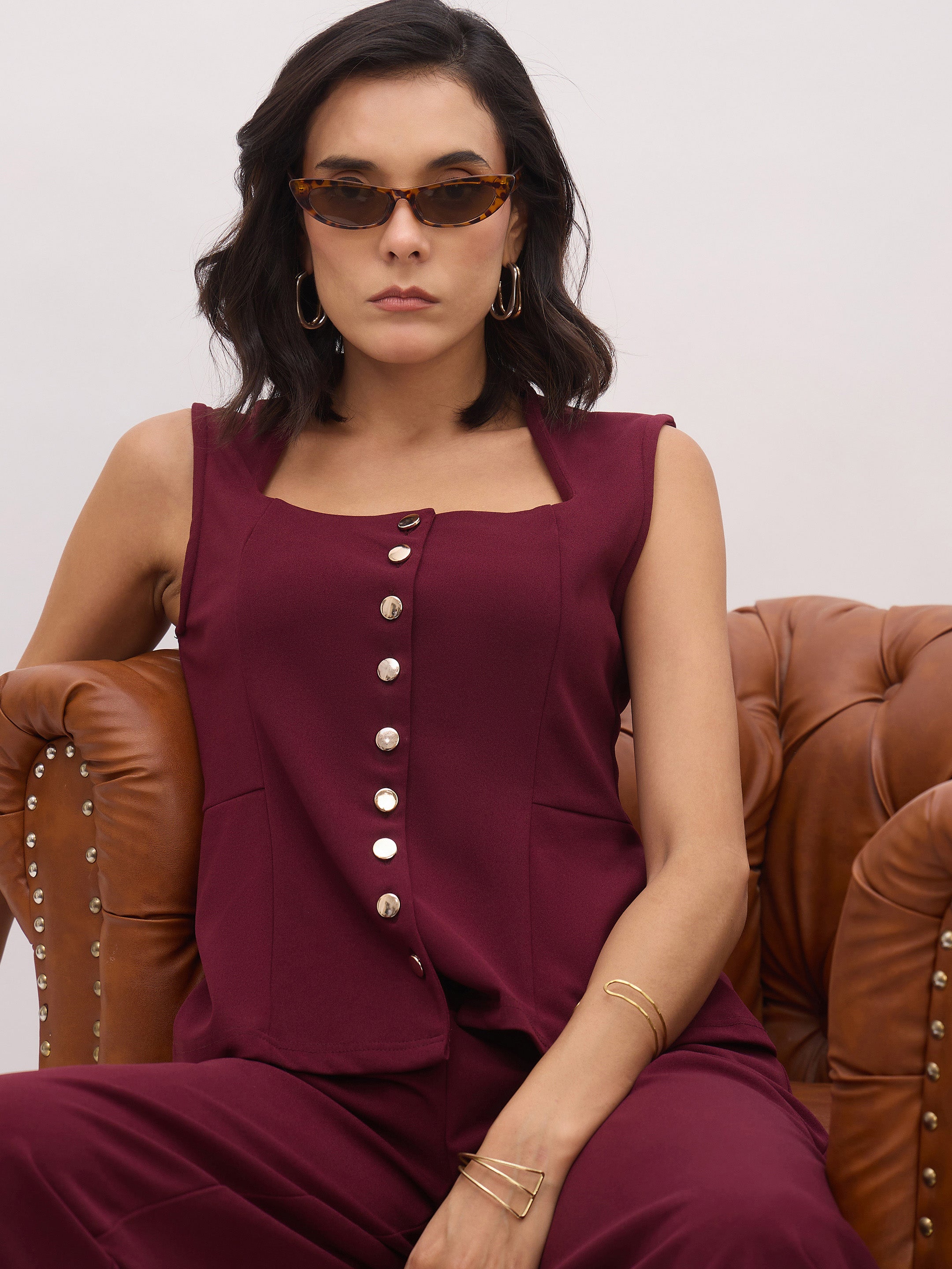 Women Burgundy Rhombus Neck Top With Cross Pocket Pants-SFSETS96497