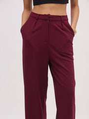 Women Burgundy Rhombus Neck Top With Cross Pocket Pants-SFSETS96497
