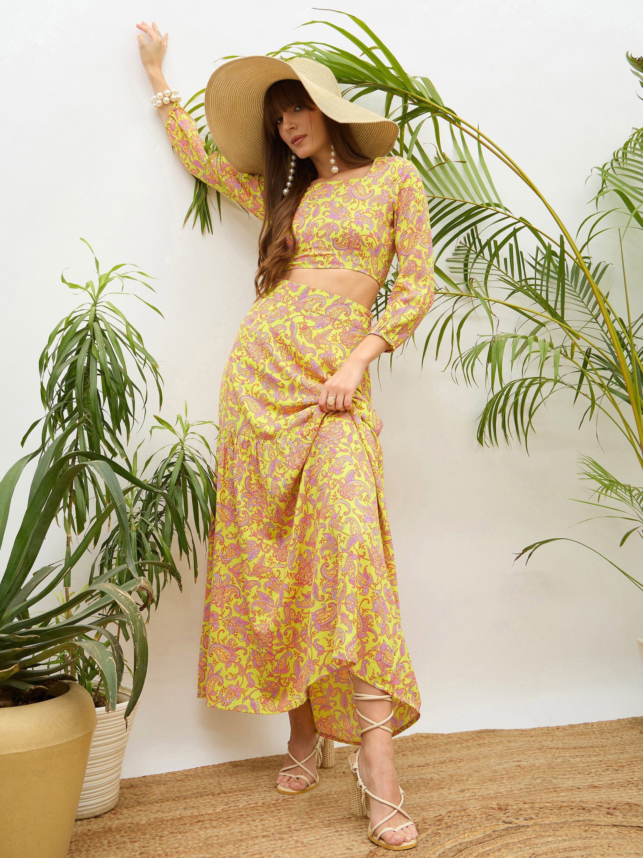 Women Neon Green Paisley Crop Top With Midi Skirt-SFSETS96498