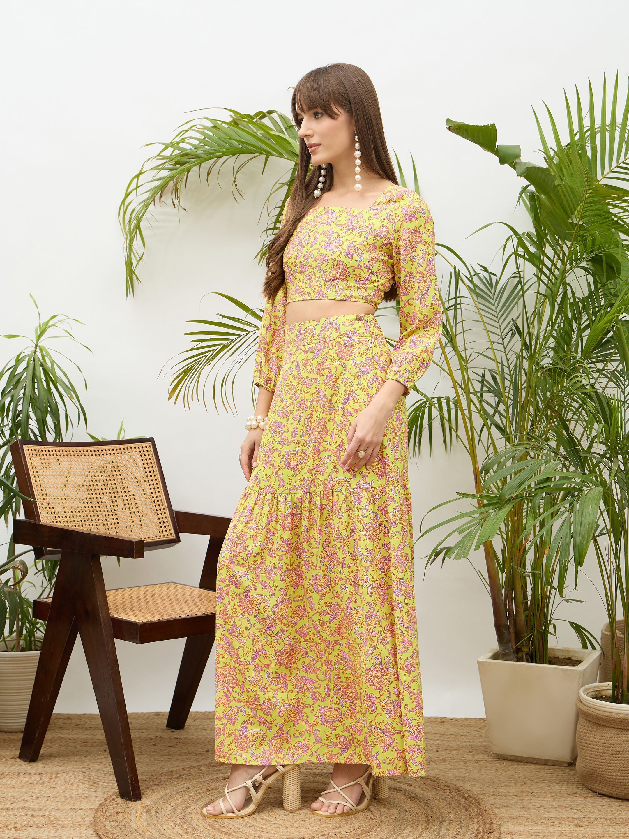 Women Neon Green Paisley Crop Top With Midi Skirt-SFSETS96498