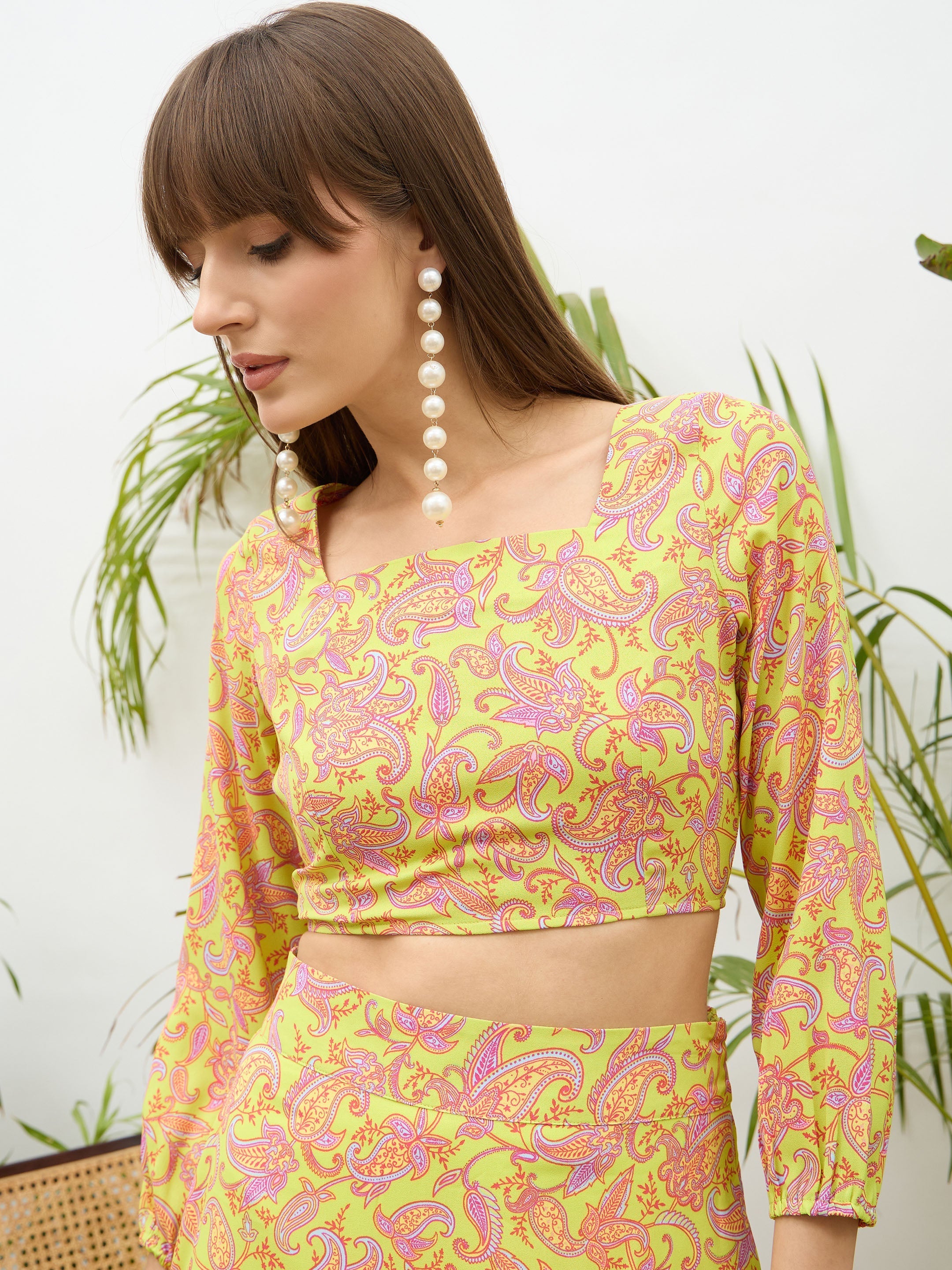 Women Neon Green Paisley Crop Top With Midi Skirt-SFSETS96498