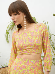 Women Neon Green Paisley Crop Top With Midi Skirt-SFSETS96498