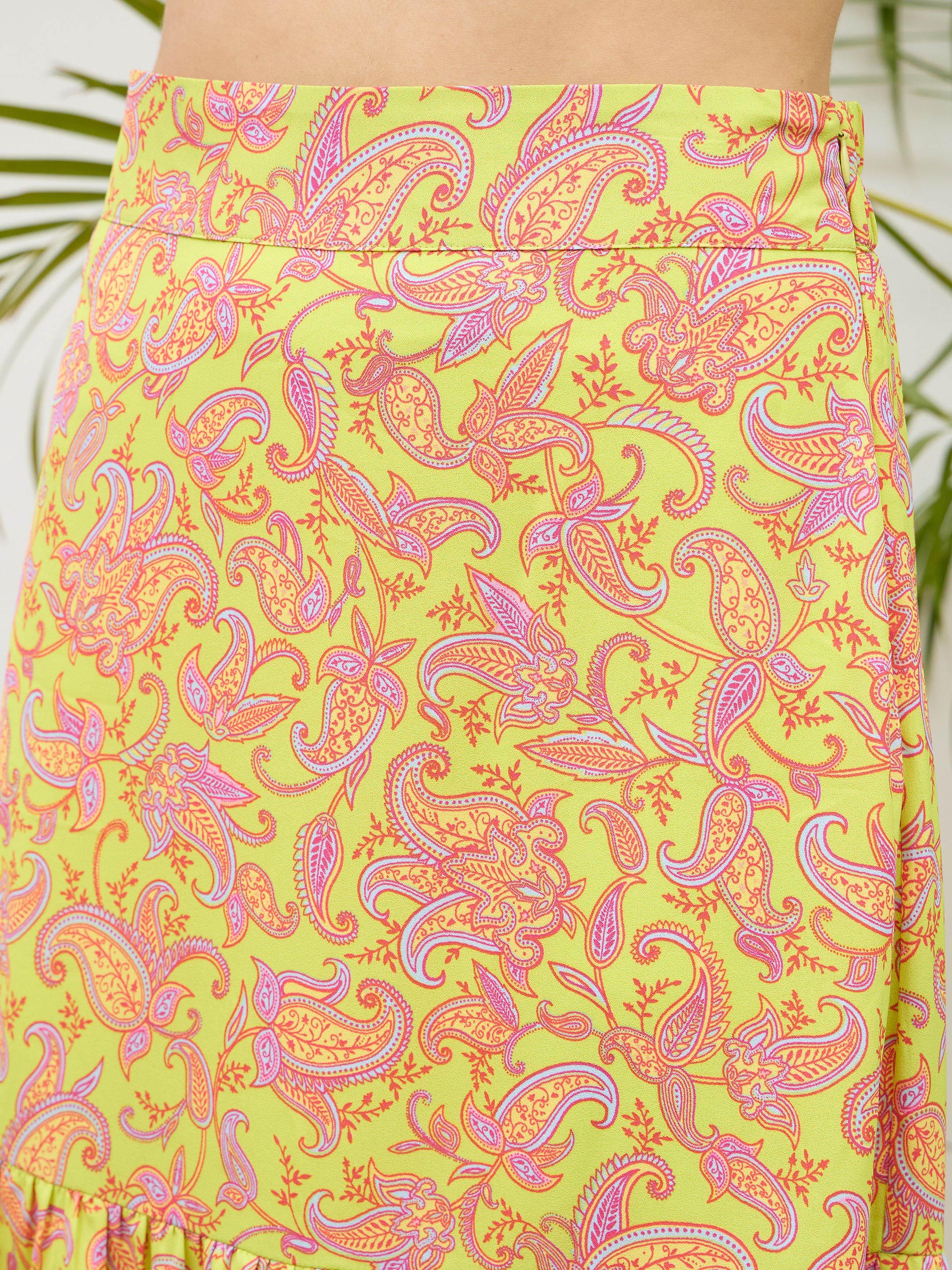 Women Neon Green Paisley Crop Top With Midi Skirt-SFSETS96498