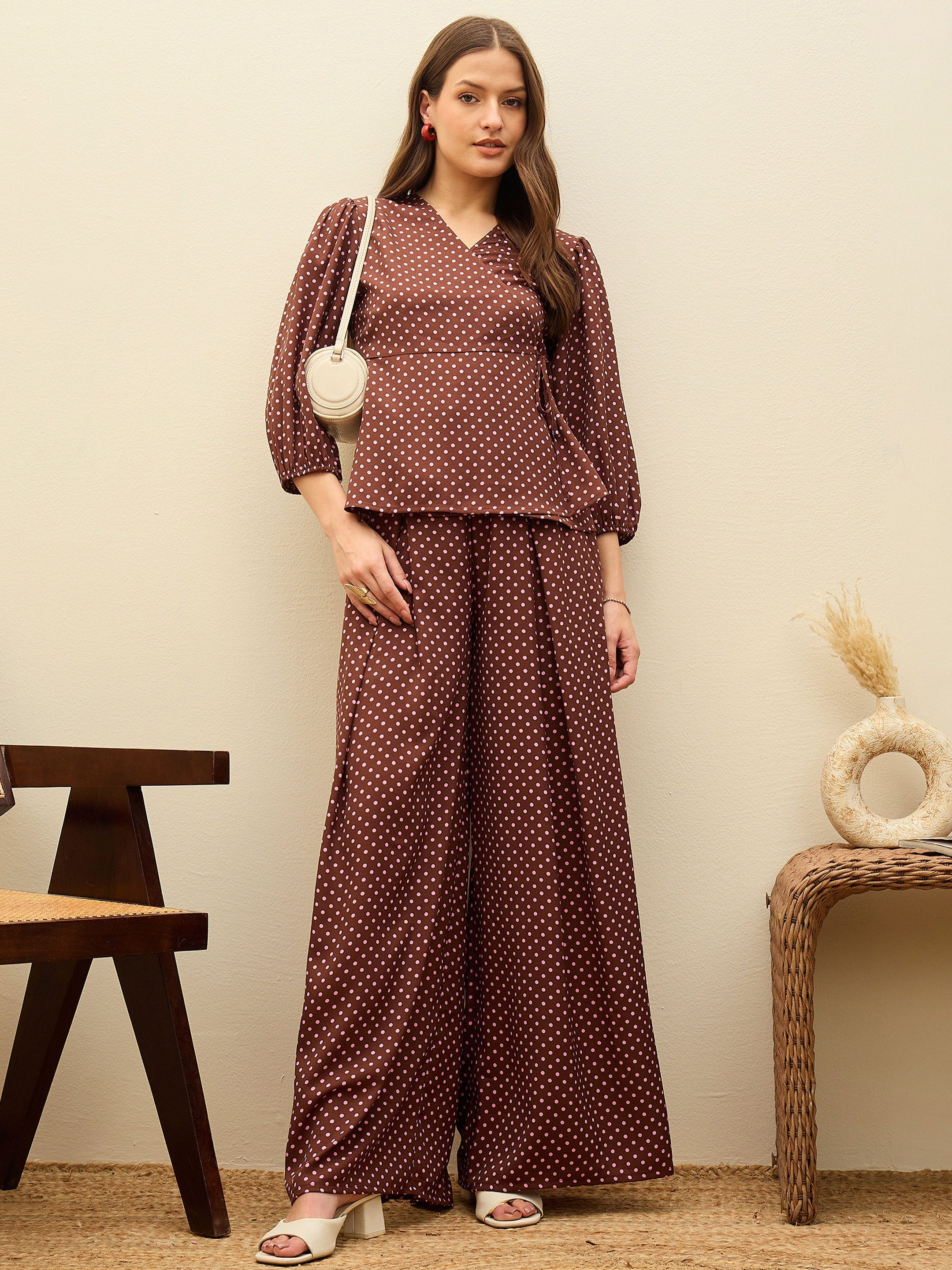 Women Brown Polka Dot Wrap Top With Flared Pants-SFSETS96499