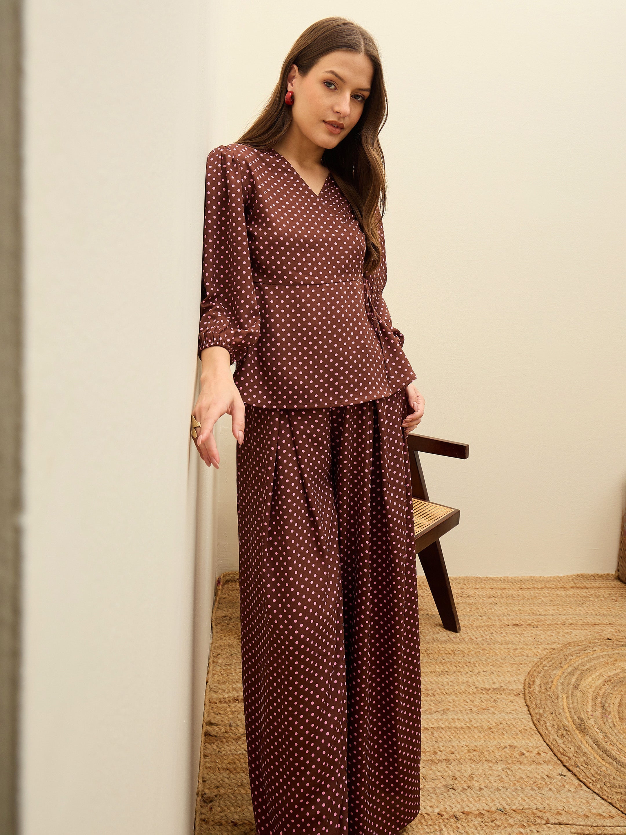 Women Brown Polka Dot Wrap Top With Flared Pants-SFSETS96499