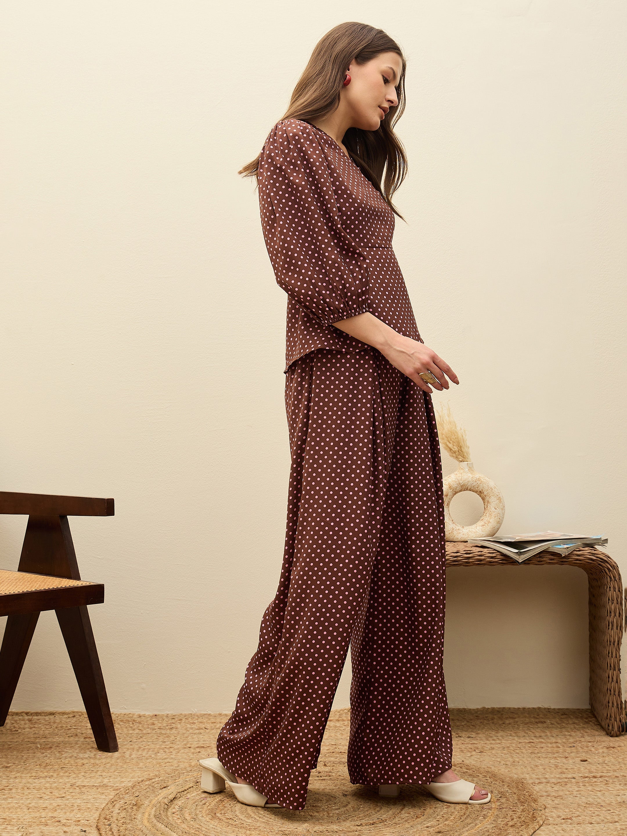 Women Brown Polka Dot Wrap Top With Flared Pants-SFSETS96499