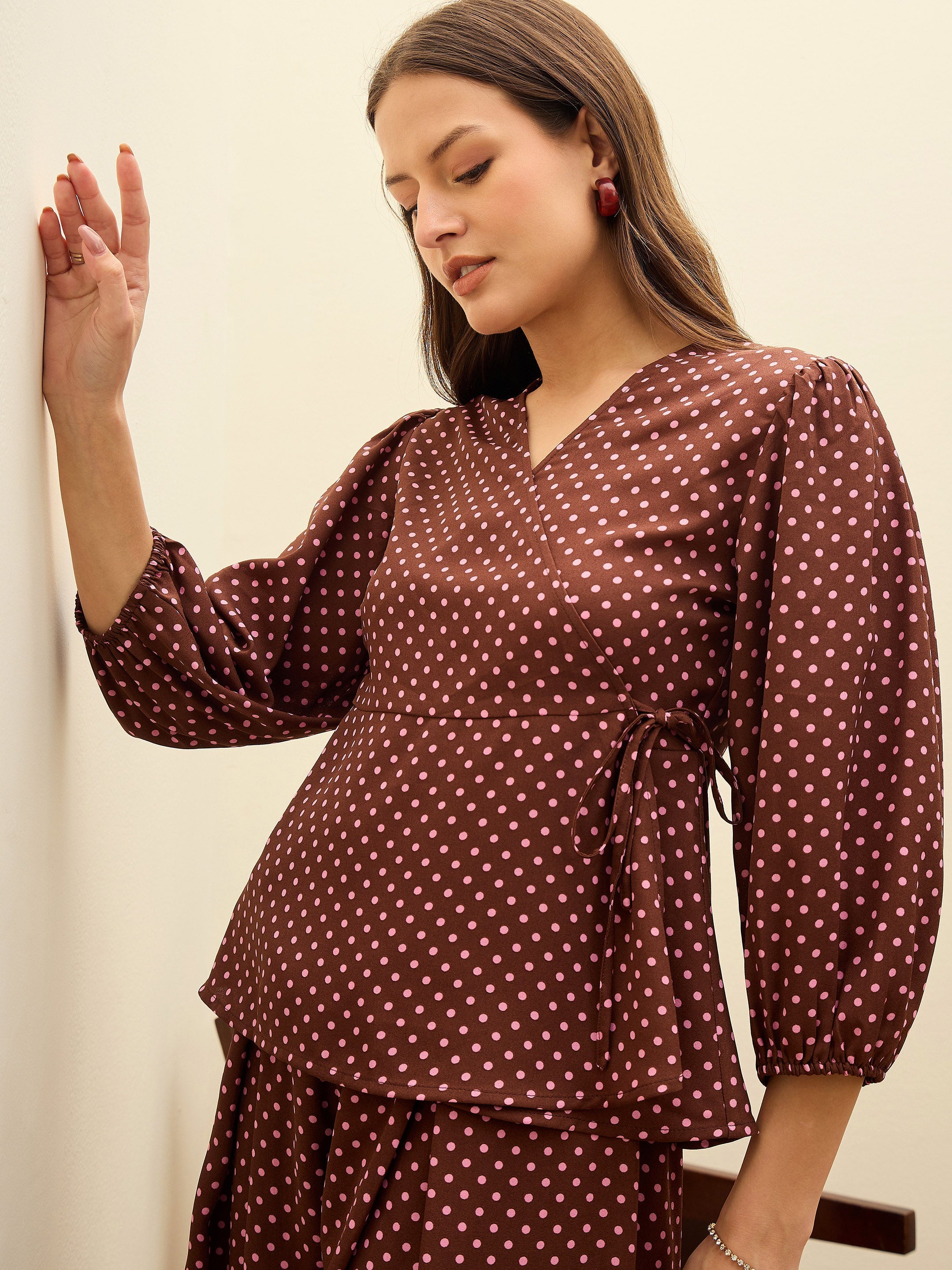 Women Brown Polka Dot Wrap Top With Flared Pants-SFSETS96499