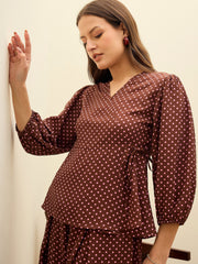 Women Brown Polka Dot Wrap Top With Flared Pants-SFSETS96499