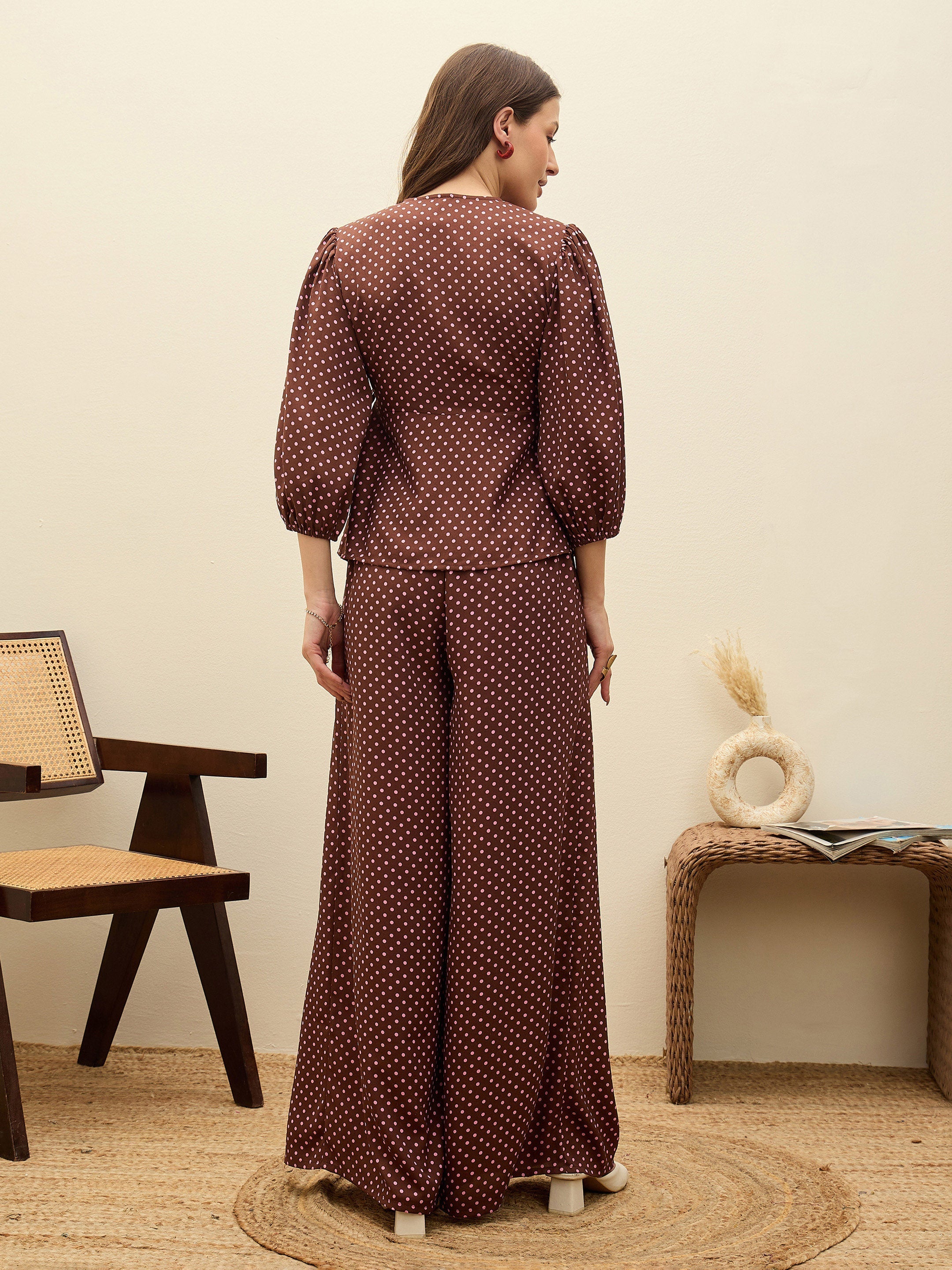 Women Brown Polka Dot Wrap Top With Flared Pants-SFSETS96499