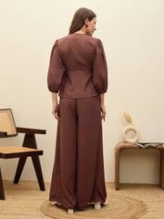 Women Brown Polka Dot Wrap Top With Flared Pants-SFSETS96499
