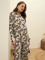 Women Beige Printed Oversize Shirt With Box Pocket Pants-SFSETS96500