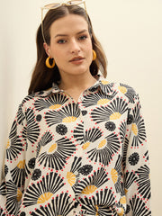 Women Beige Printed Oversize Shirt With Box Pocket Pants-SFSETS96500