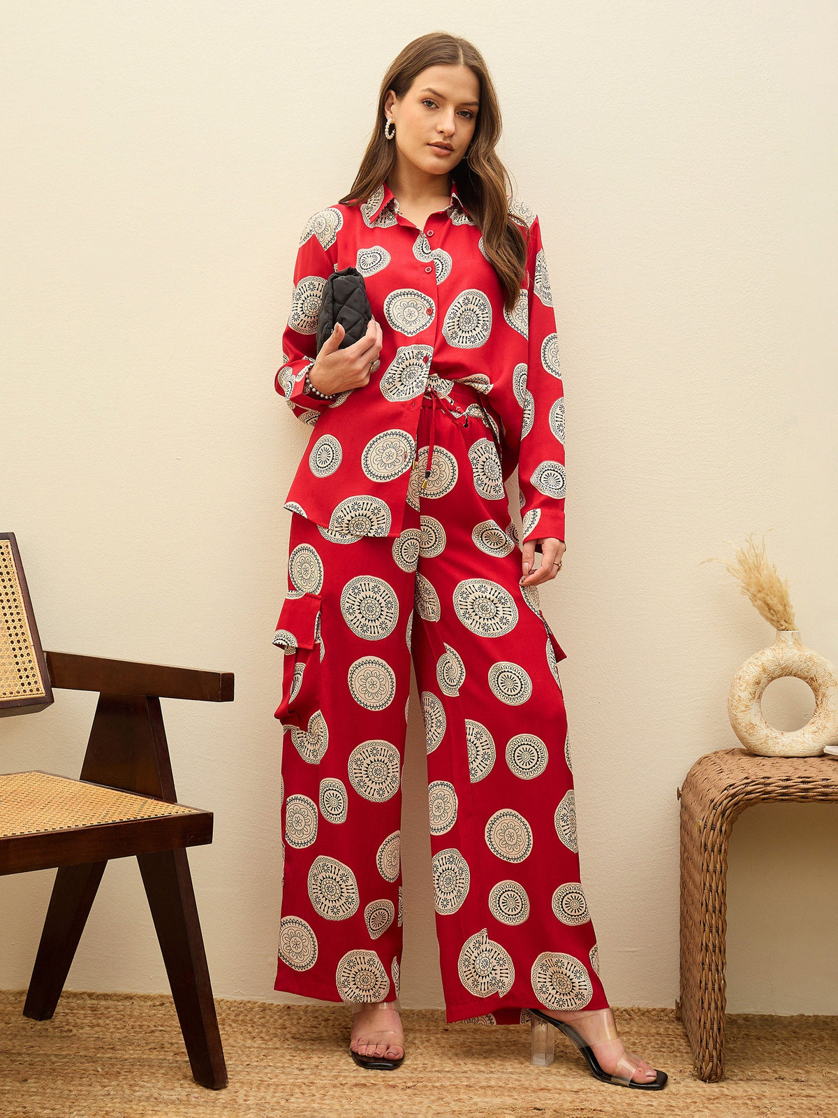 Women Maroon Printed Oversize Shirt With Box Pocket Pants-SFSETS96501