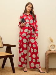 Women Maroon Printed Oversize Shirt With Box Pocket Pants-SFSETS96501