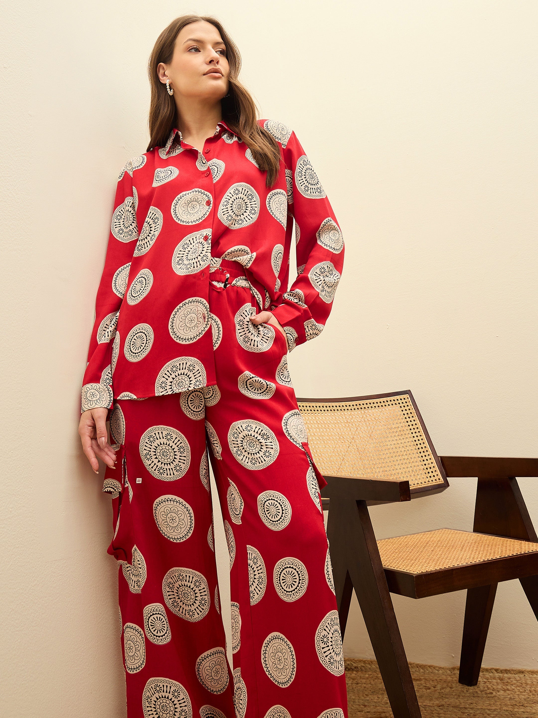Women Maroon Printed Oversize Shirt With Box Pocket Pants-SFSETS96501