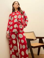 Women Maroon Printed Oversize Shirt With Box Pocket Pants-SFSETS96501