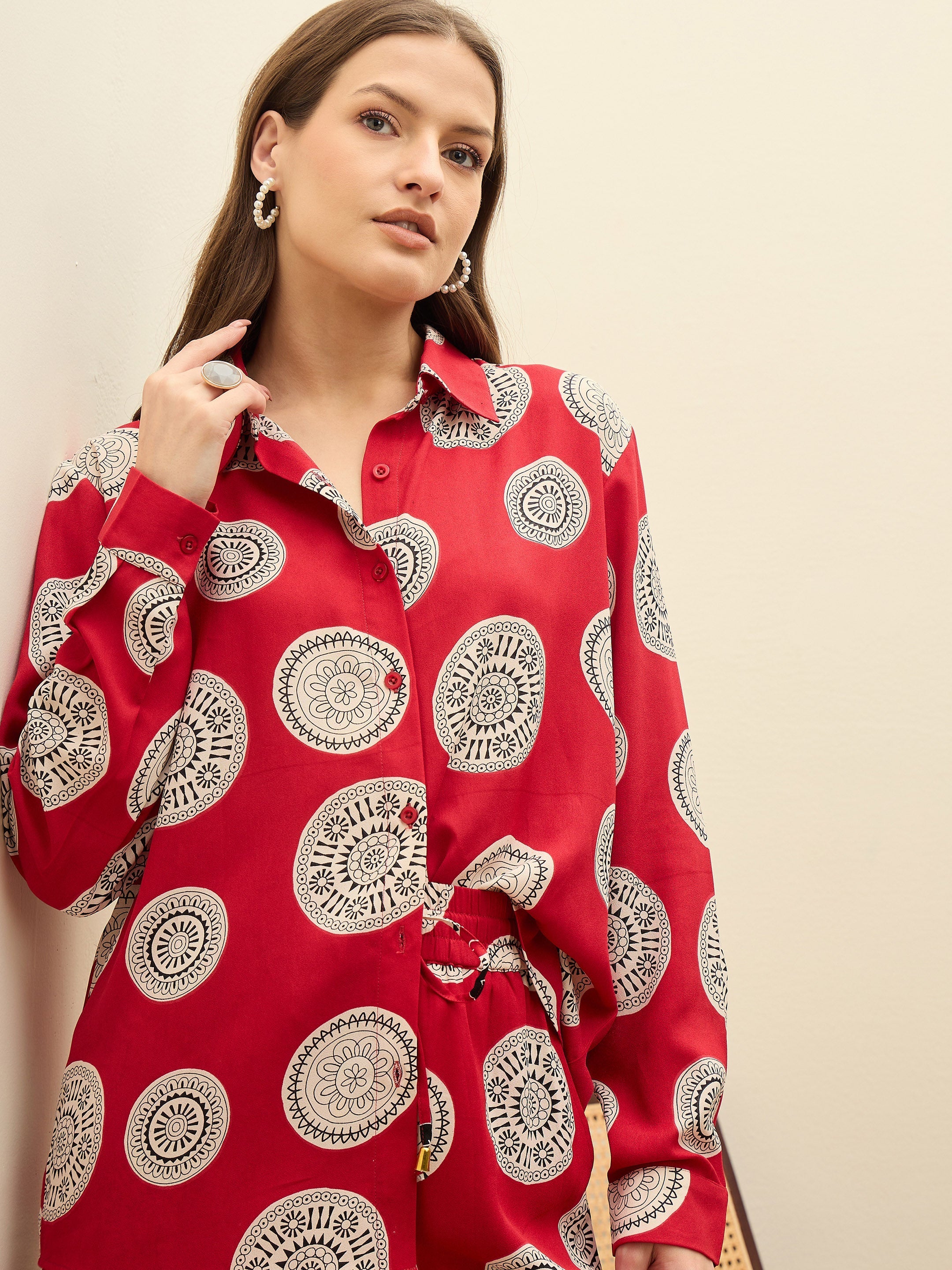 Women Maroon Printed Oversize Shirt With Box Pocket Pants-SFSETS96501