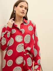 Women Maroon Printed Oversize Shirt With Box Pocket Pants-SFSETS96501