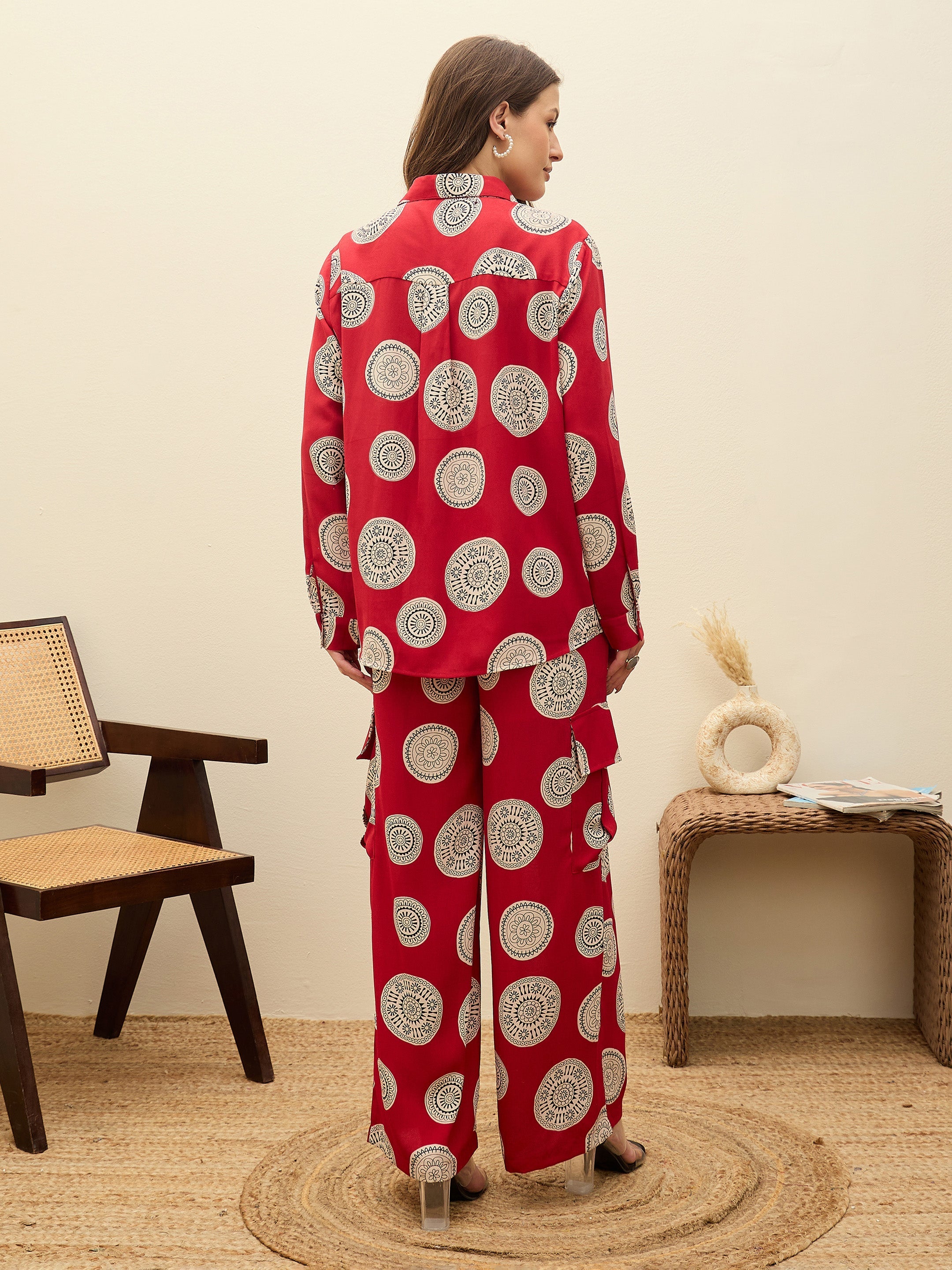 Women Maroon Printed Oversize Shirt With Box Pocket Pants-SFSETS96501