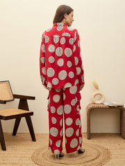 Women Maroon Printed Oversize Shirt With Box Pocket Pants-SFSETS96501