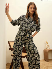 Women Black Printed Oversize Shirt With Box Pocket Pants-SFSETS96502