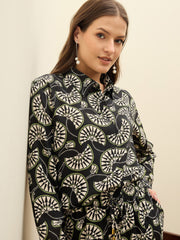 Women Black Printed Oversize Shirt With Box Pocket Pants-SFSETS96502