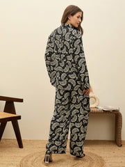 Women Black Printed Oversize Shirt With Box Pocket Pants-SFSETS96502