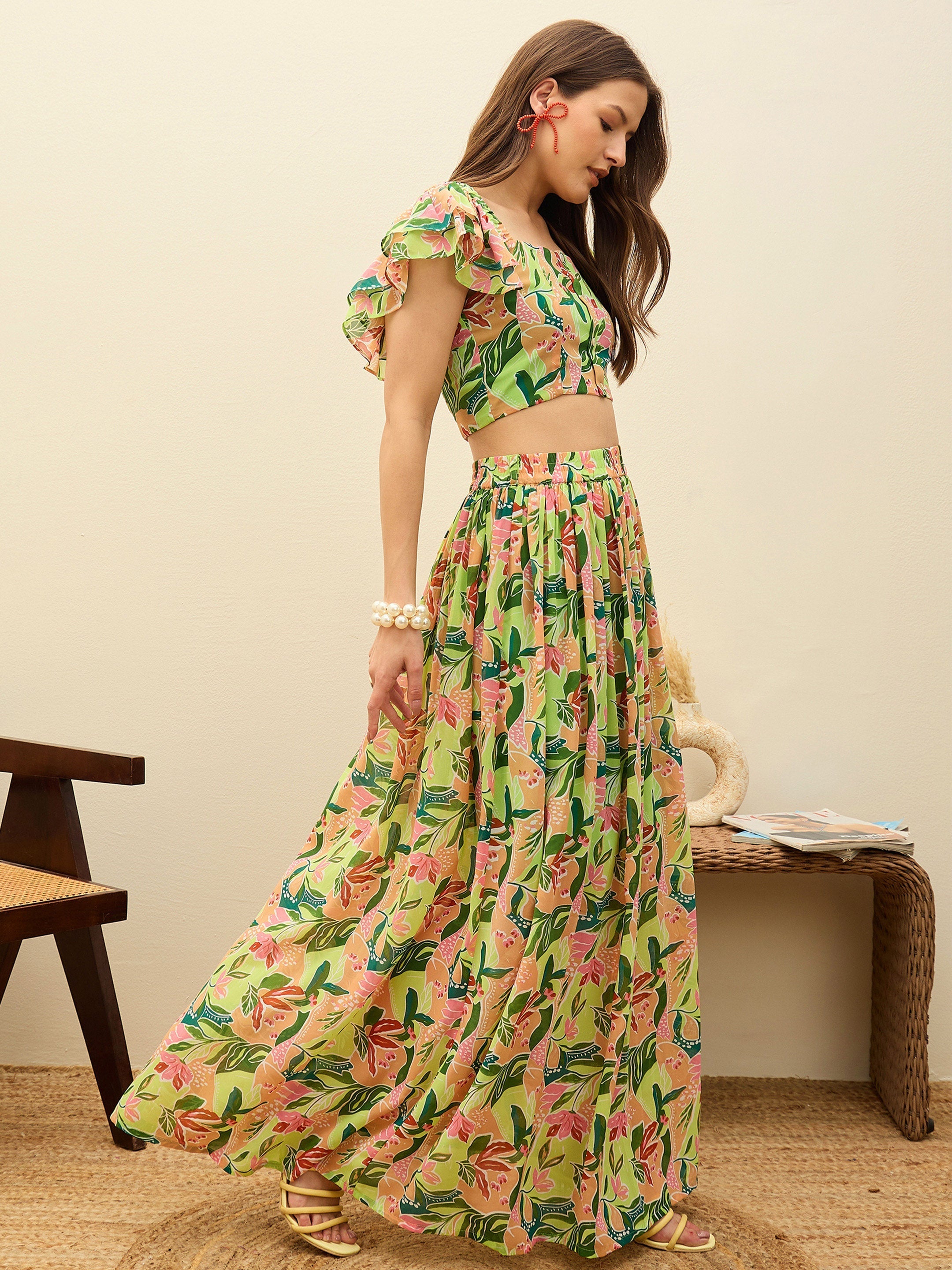 Women Green Floral Strappy Crop Top With Maxi Skirt-SFSETS96503