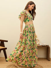 Women Green Floral Strappy Crop Top With Maxi Skirt-SFSETS96503