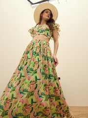 Women Green Floral Strappy Crop Top With Maxi Skirt-SFSETS96503