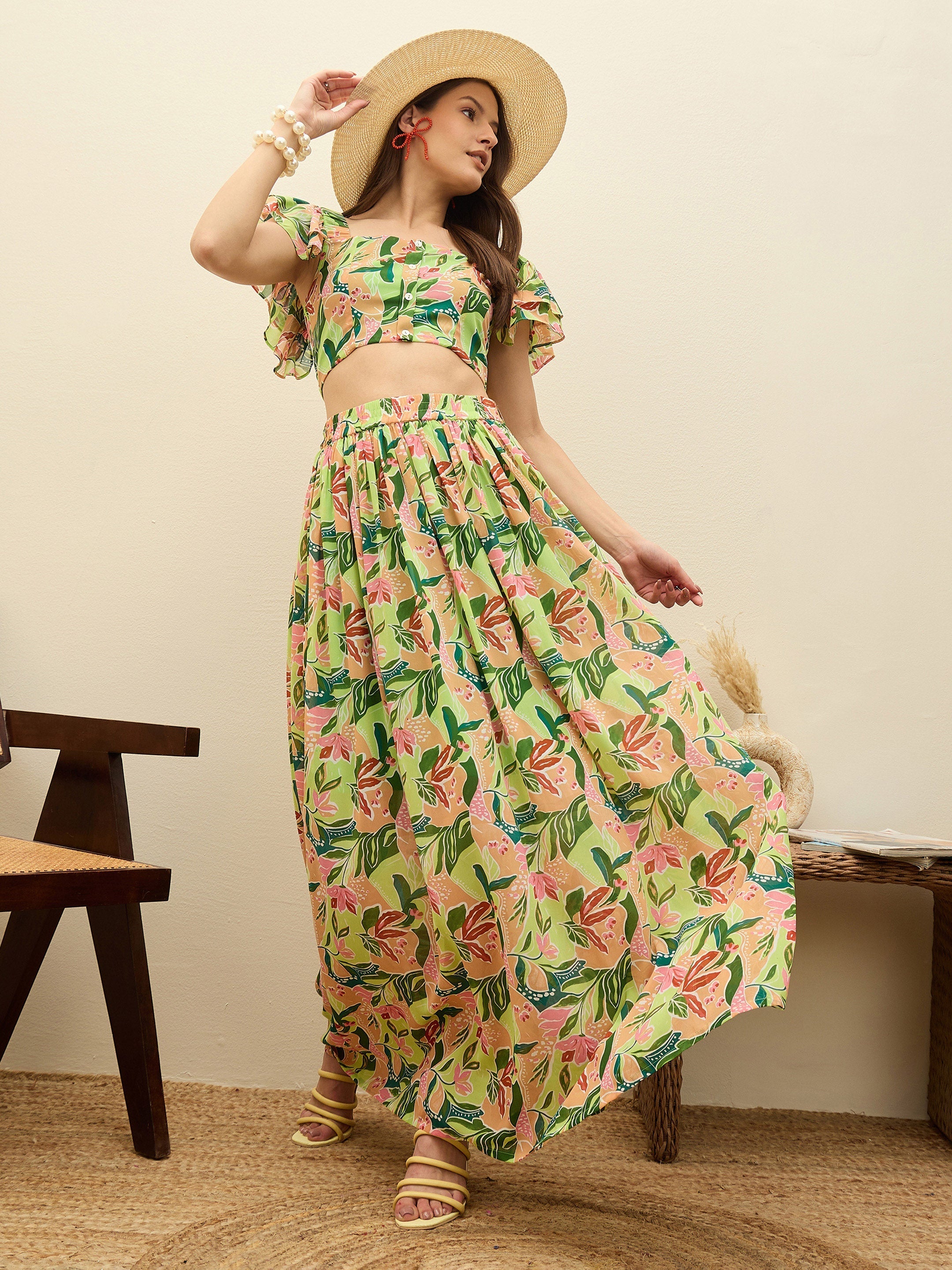 Women Green Floral Strappy Crop Top With Maxi Skirt-SFSETS96503