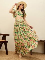 Women Green Floral Strappy Crop Top With Maxi Skirt-SFSETS96503