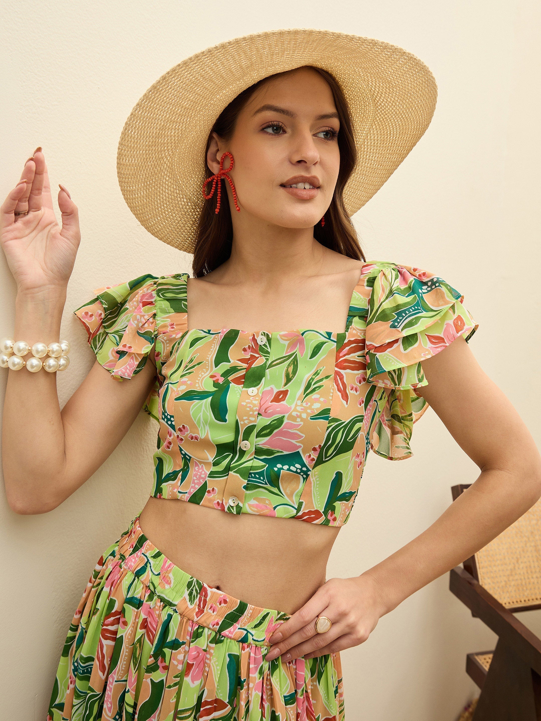 Women Green Floral Strappy Crop Top With Maxi Skirt-SFSETS96503