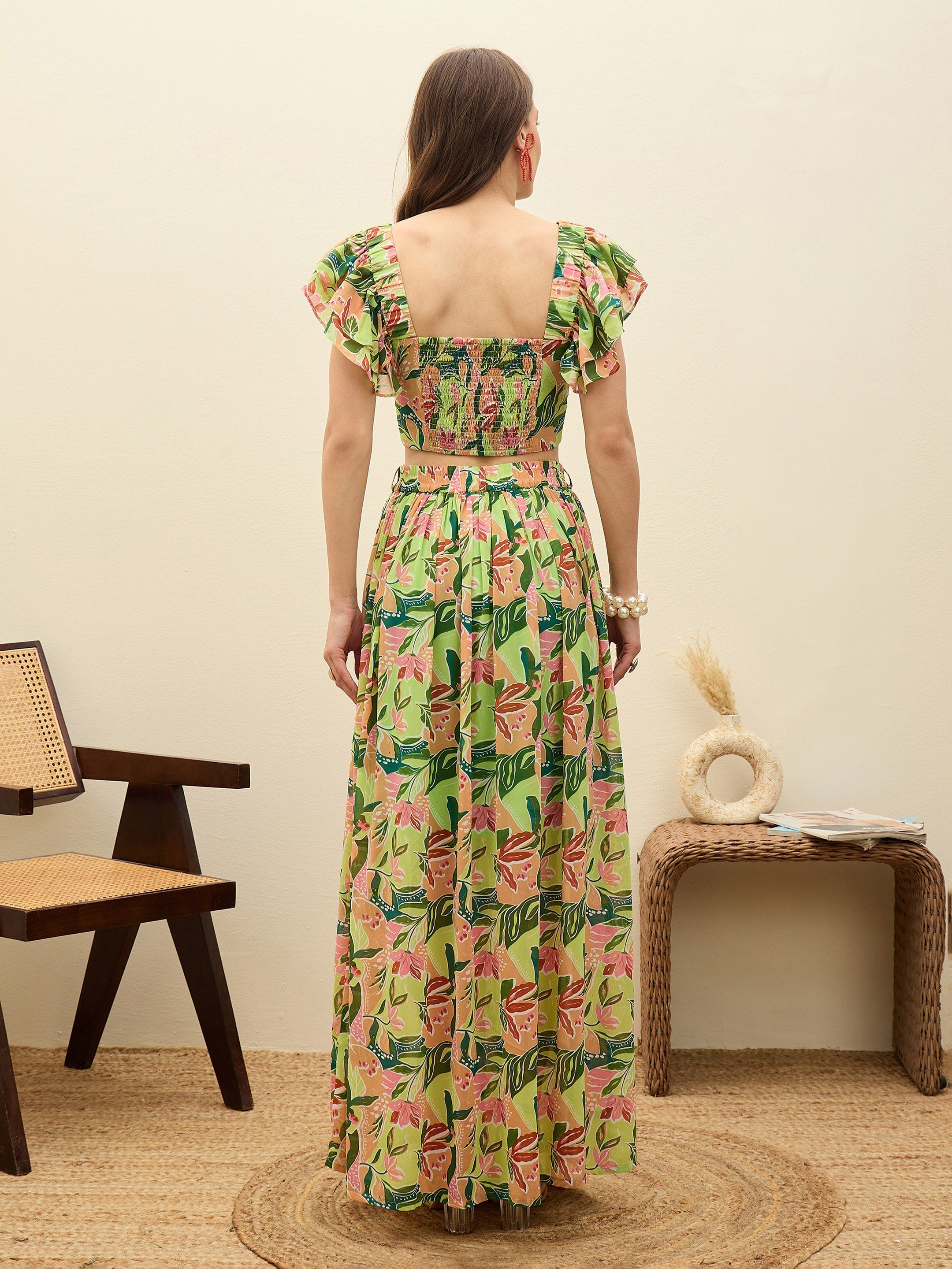 Women Green Floral Strappy Crop Top With Maxi Skirt-SFSETS96503