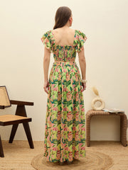 Women Green Floral Strappy Crop Top With Maxi Skirt-SFSETS96503